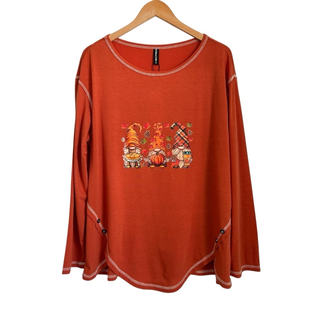 Noracora Women Long Sleeve Fall Gnome Novelty Print Shirt XL Orange Holiday NWT